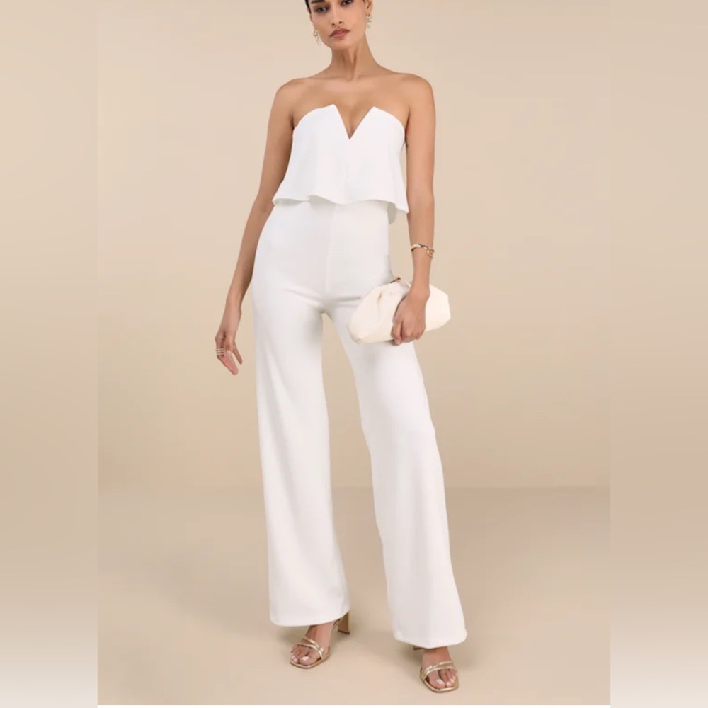 Lulu’s Power Of Love Strapless White Wide-Leg Jumpsuit